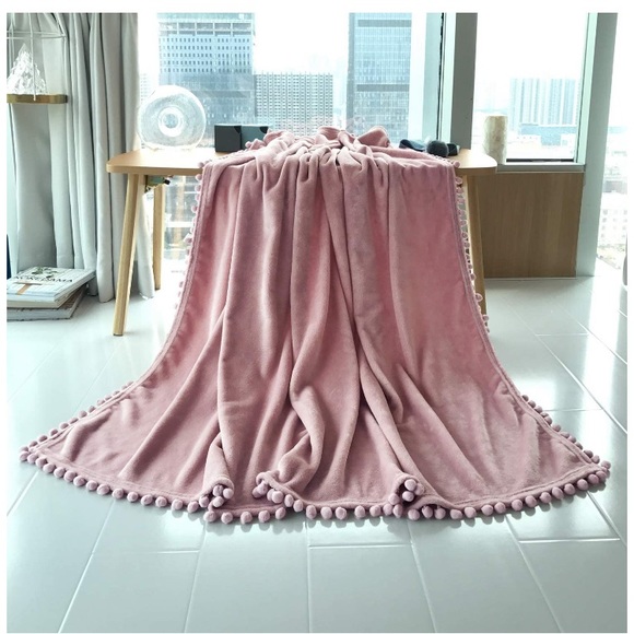 Dusty Pink Modern Trendy Pompom Fringe Chic Cozy Soft Throw Blanket/Cover - Picture 4 of 16